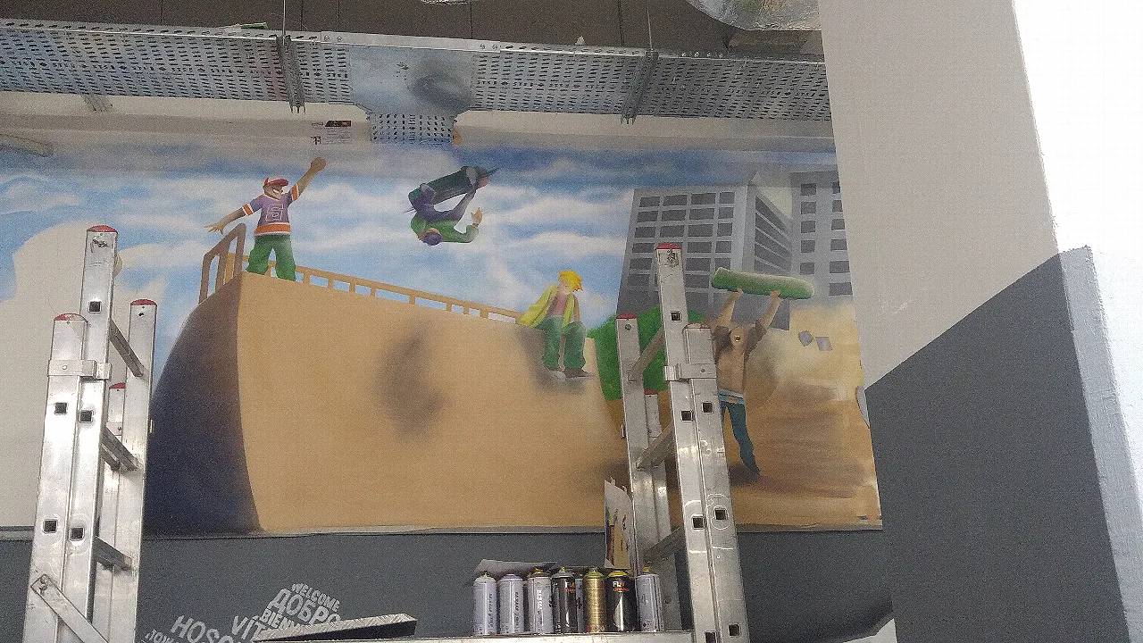 Skateboarding teenagers mural making process
