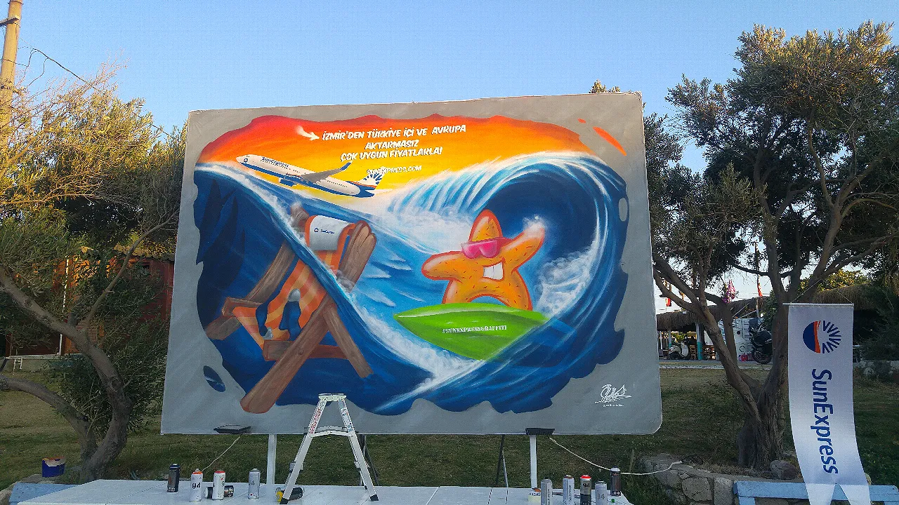 Starfish surfing in the sea at sunset graffiti